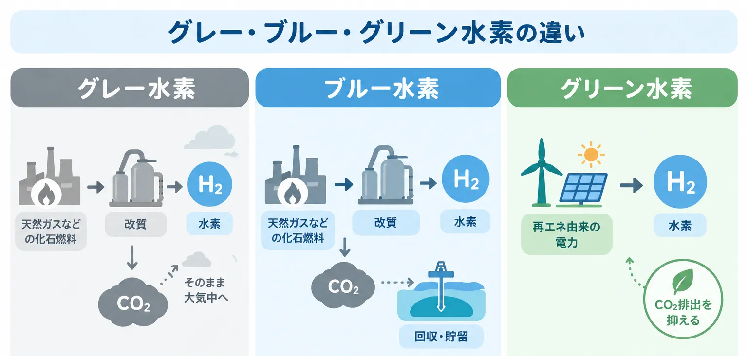 グレー・ブルー・グリーン水素の違いの図